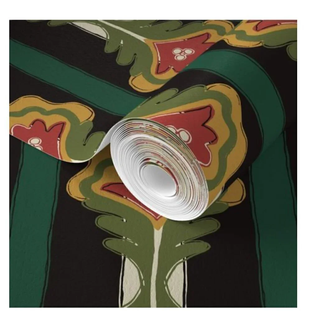 Spoonflower x Dani Dazey Pinstripe Plant - Gold, Green Red Non Pasted Wallpaper